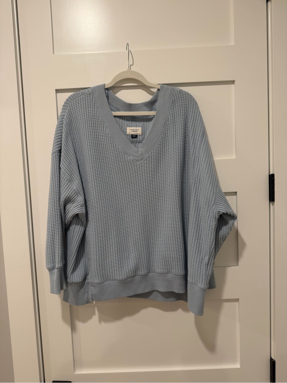 American Eagle Light Blue V-Neck Waffle Sweater
